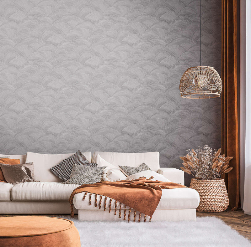 Wallpaper with wavy texture and gloss effect in grey and silver, 1373615 AS Creation