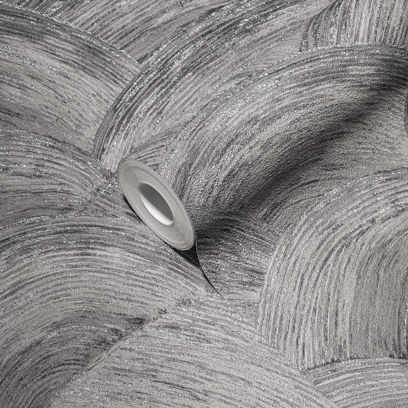 Wallpaper with wavy texture and gloss effect in grey and silver, 1373615 AS Creation