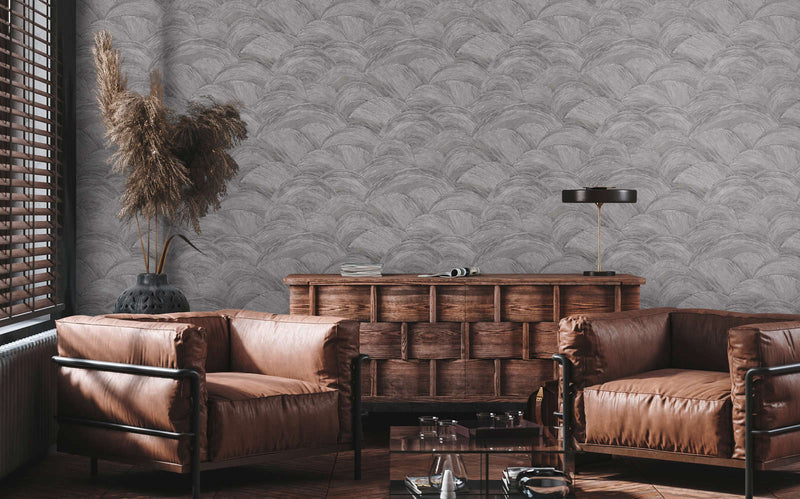 Wallpaper with wavy texture and gloss effect in grey and silver, 1373615 AS Creation