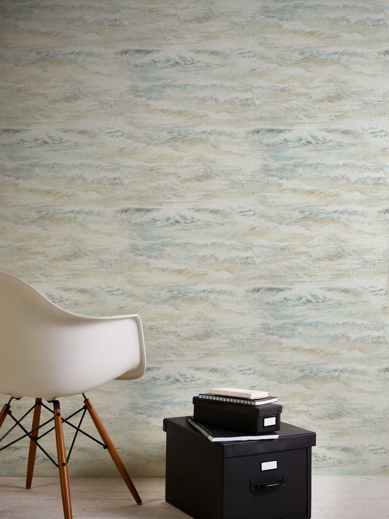 Wallpaper with wave motif and gloss effect - beige, blue, 1263453 AS Creation