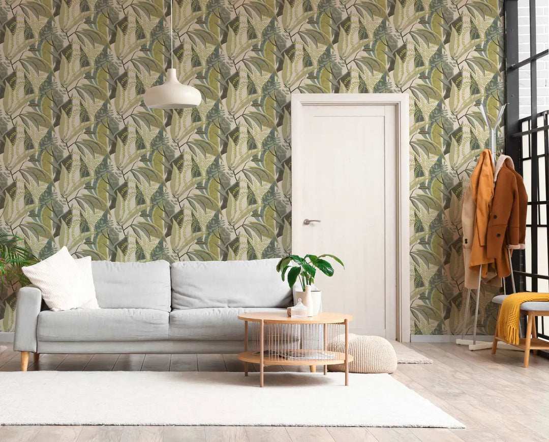 Tapetes ar zaļām lapām uz krēmkrāsas fona, matētas - 3012470 AS Creation