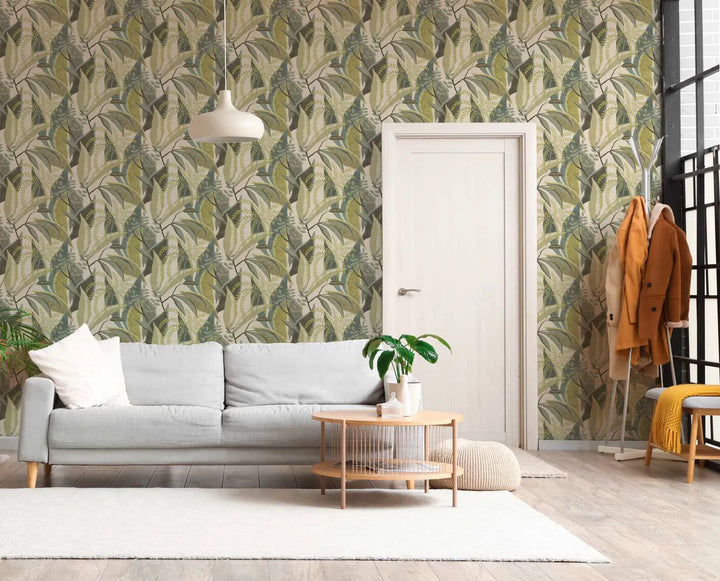 Tapetes ar zaļām lapām uz krēmkrāsas fona, matētas - 3012470 AS Creation