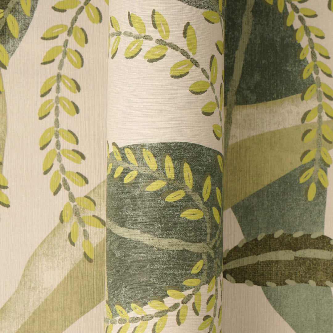 Tapetes ar zaļām lapām uz krēmkrāsas fona, matētas - 3012470 AS Creation