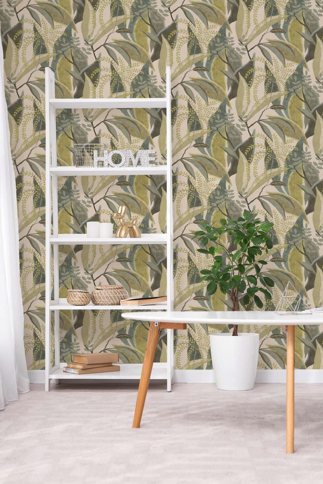 Tapetes ar zaļām lapām uz krēmkrāsas fona, matētas - 3012470 AS Creation