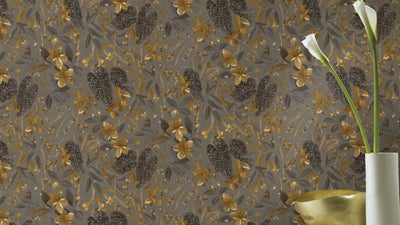 Wallpaper with flowers and leaves: gray, brown, gold, RASCH, 2033165 RASCH