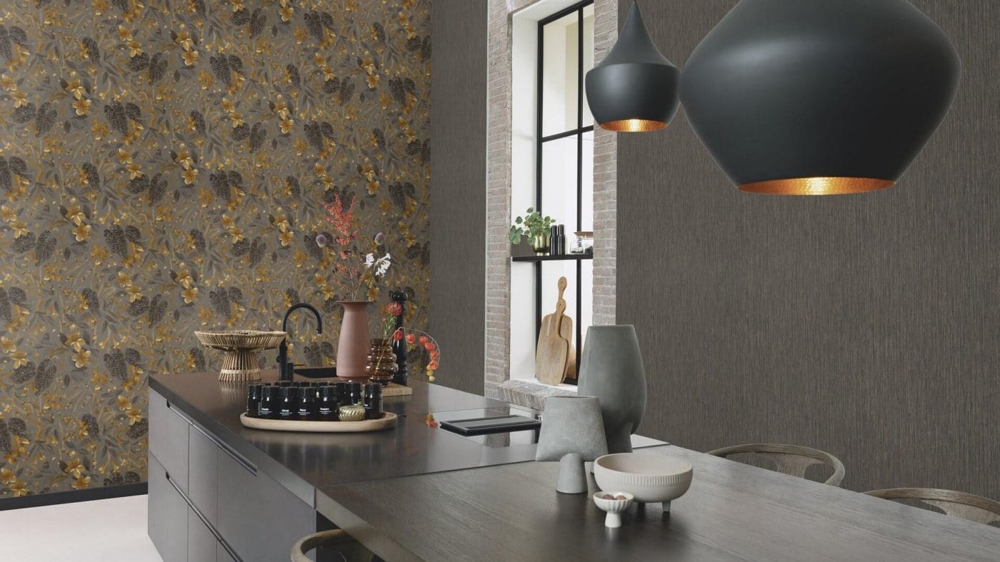 Tapetes ar ziediem un lapām: pelēka, brūna, zelta, RASCH, 538229 RASCH