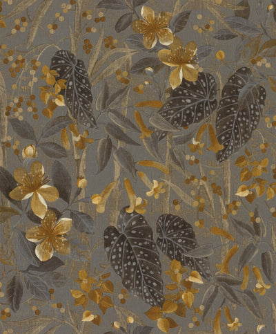 Wallpaper with flowers and leaves: gray, brown, gold, RASCH, 2033165 RASCH