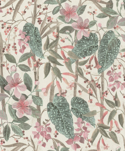 Wallpaper with flowers and leaves: pink, green, cream, RASCH, 2033144 RASCH