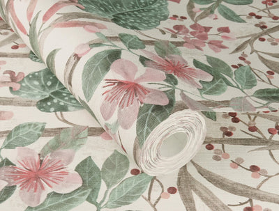 Wallpaper with flowers and leaves: pink, green, cream, RASCH, 2033144 RASCH