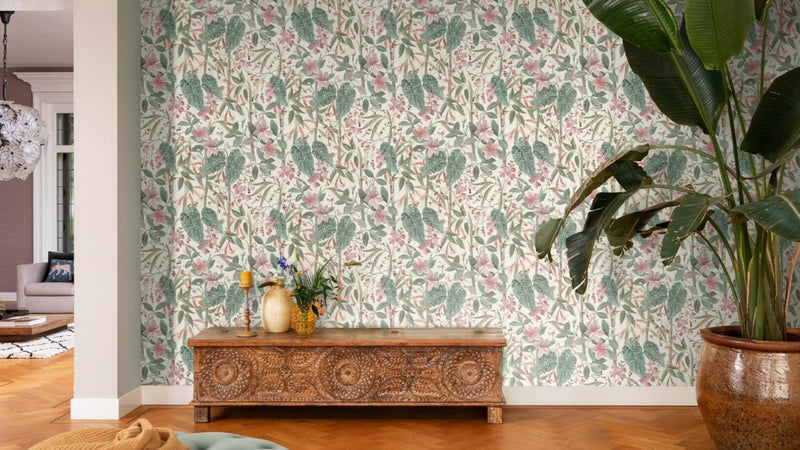 Wallpaper with flowers and leaves: pink, green, cream, RASCH, 2033144 RASCH