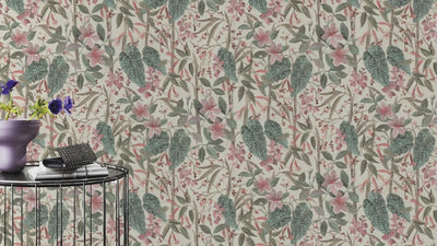 Wallpaper with flowers and leaves: pink, green, cream, RASCH, 2033144 RASCH