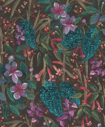 Wallpaper with flowers and leaves: turquoise, green, black, RASCH, 538236 RASCH