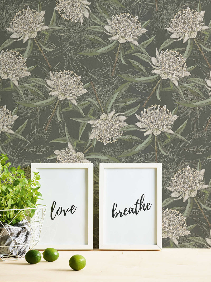 Wallpaper with flowers and leaves: dark green, 1402121 AS Creation