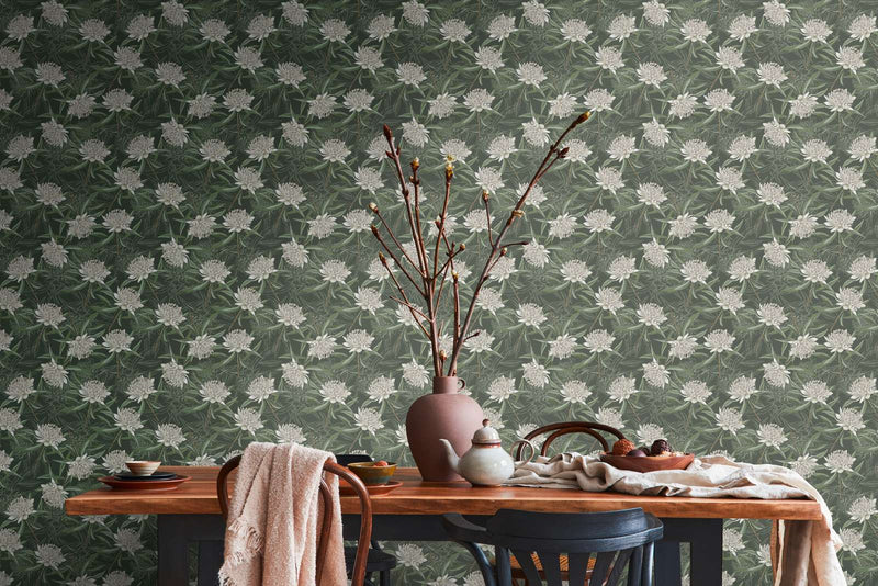 Wallpaper with flowers and leaves: dark green, 1402121 AS Creation