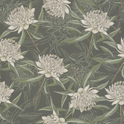 Wallpaper with flowers and leaves: dark green, 1402121 AS Creation