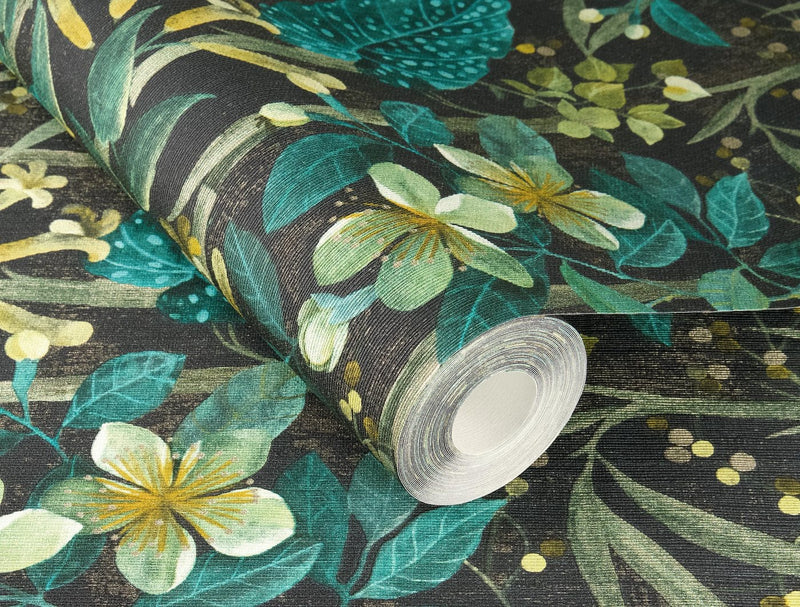 Wallpaper with flowers and leaves: green, black, RASCH, 2033203 RASCH