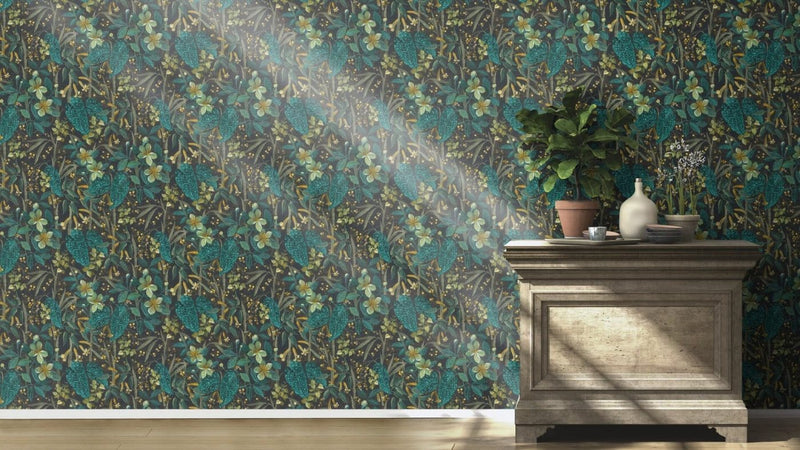 Wallpaper with flowers and leaves: green, black, RASCH, 2033203 RASCH