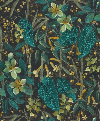 Wallpaper with flowers and leaves: green, black, RASCH, 2033203 RASCH