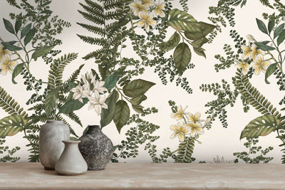 Wallpaper with flowers and fern leaves: green and white, 1402003 AS Creation