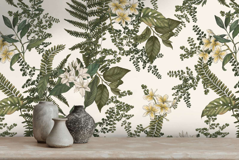 Wallpaper with flowers and fern leaves: green and white, 1402003 AS Creation