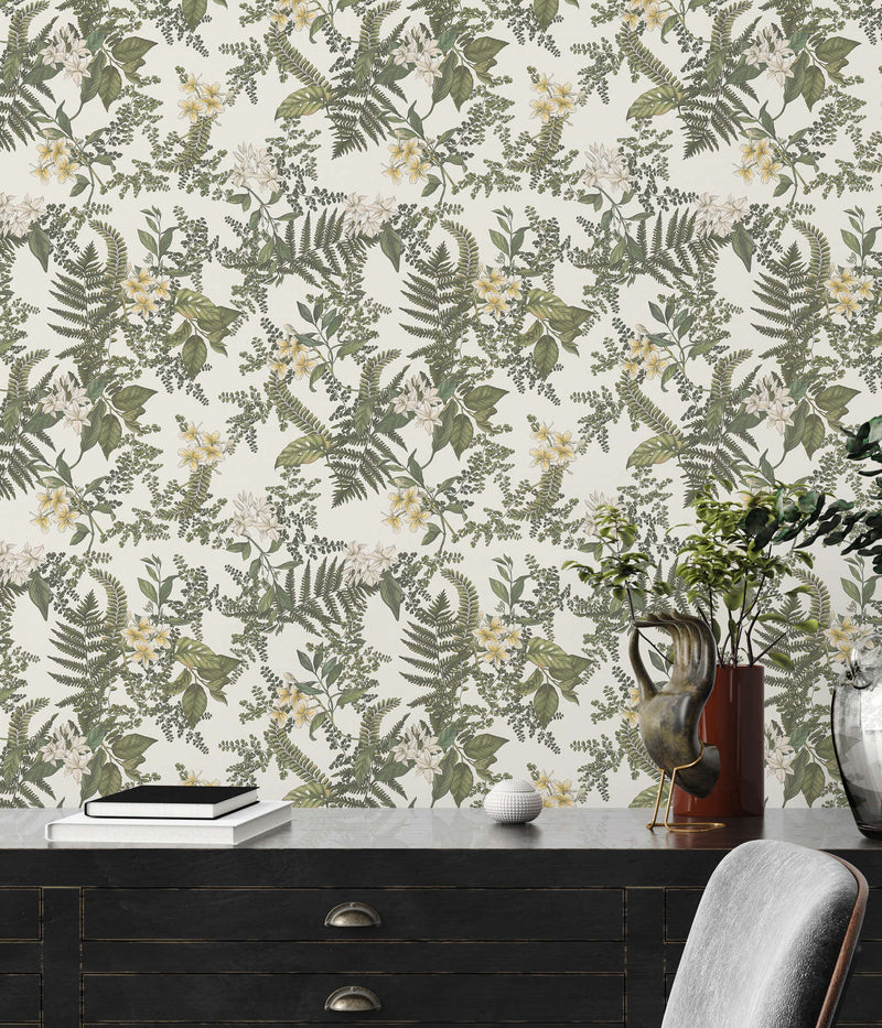 Wallpaper with flowers and fern leaves: green and white, 1402003 AS Creation
