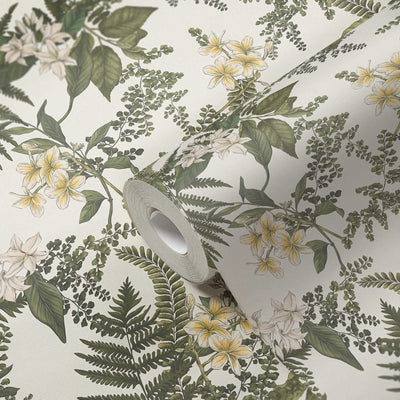 Wallpaper with flowers and fern leaves: green and white, 1402003 AS Creation