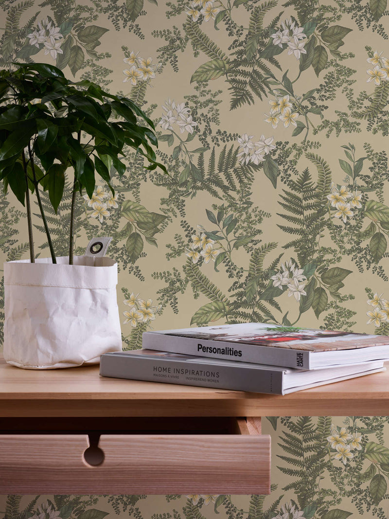 Wallpaper with flowers and fern leaves: green and beige, 1402001 AS Creation