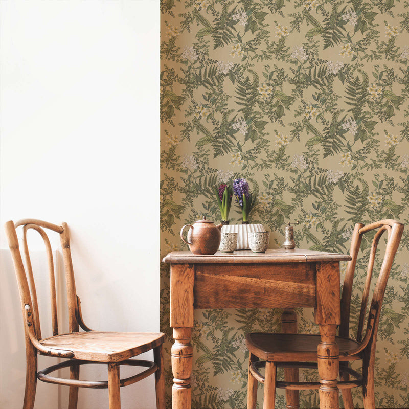 Wallpaper with flowers and fern leaves: green and beige, 1402001 AS Creation