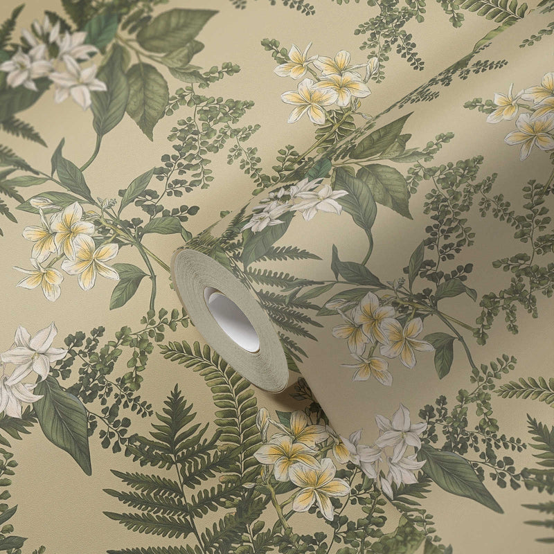 Wallpaper with flowers and fern leaves: green and beige, 1402001 AS Creation