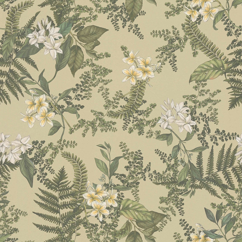 Wallpaper with flowers and fern leaves: green and beige, 1402001 AS Creation