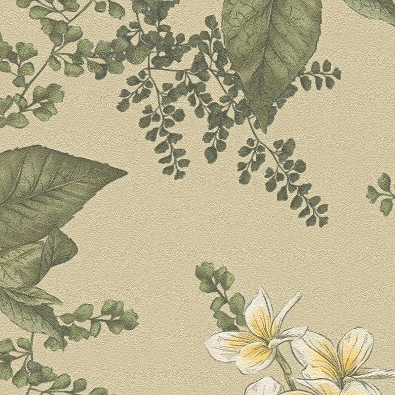 Wallpaper with flowers and fern leaves: green and beige, 1402001 AS Creation