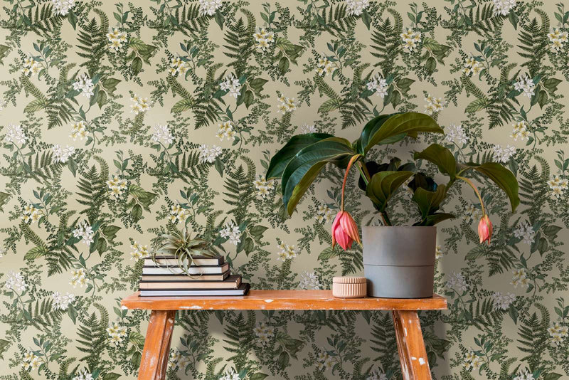 Wallpaper with flowers and fern leaves: green and beige, 1402001 AS Creation