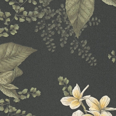 Wallpaper with flowers and fern leaves: green and black, 1402004 AS Creation