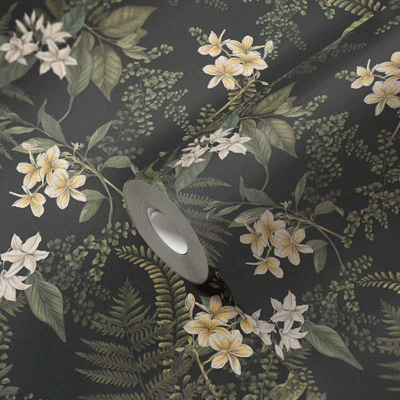 Wallpaper with flowers and fern leaves: green and black, 1402004 AS Creation