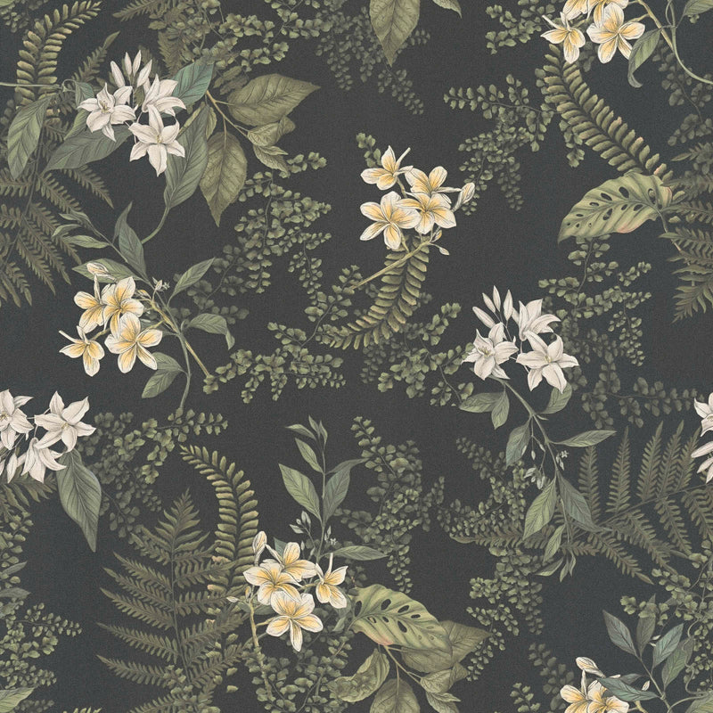 Wallpaper with flowers and fern leaves: green and black, 1402004 AS Creation