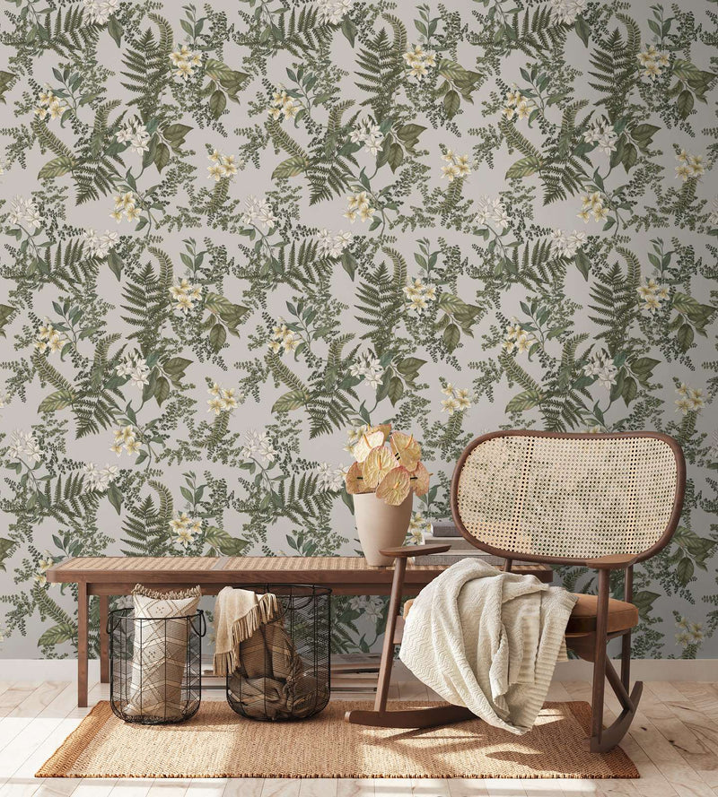 Wallpaper with flowers and fern leaves: green and grey, 1402002 AS Creation