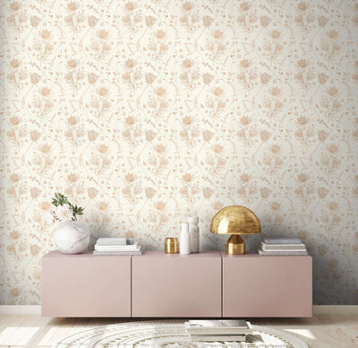 Wallpaper with flowers and butterflies, matt: white, beige, 1402037 AS Creation