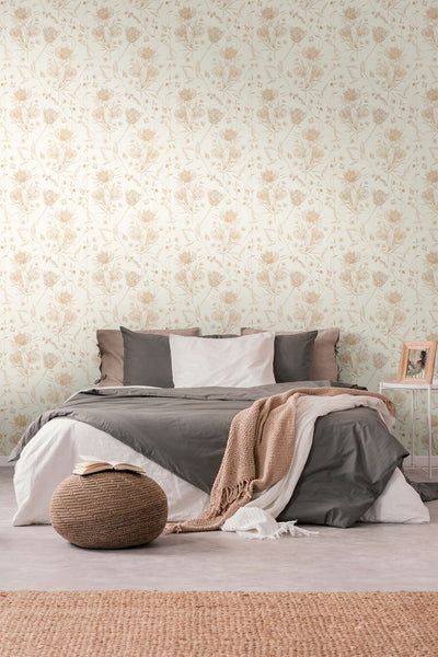 Wallpaper with flowers and butterflies, matt: white, beige, 1402037 AS Creation