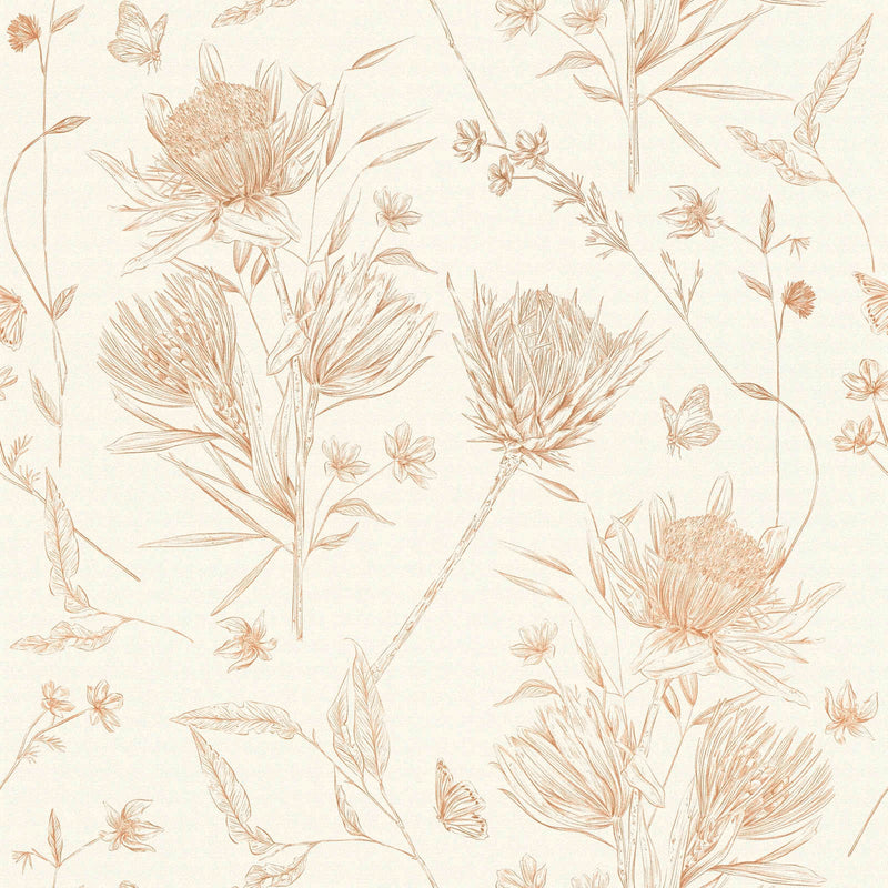 Wallpaper with flowers and butterflies, matt: white, beige, 1402037 AS Creation