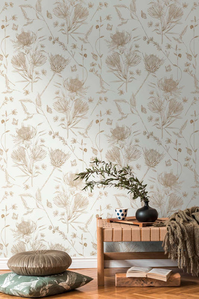 Wallpaper with flowers and butterflies, matt: white, beige, 1402037 AS Creation