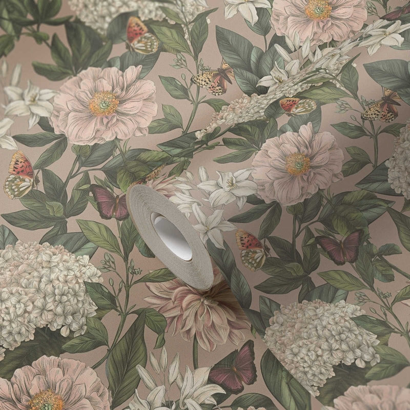 Wallpaper with flowers and butterflies, matt: light green, pink, 1402026 AS Creation