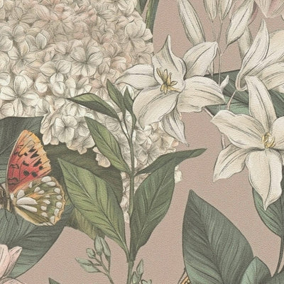 Wallpaper with flowers and butterflies, matt: light green, pink, 1402026 AS Creation