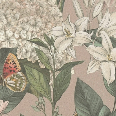 Обои с цветами и бабочками, матовые: светло-зеленый, розовый, 1402026 AS Creation