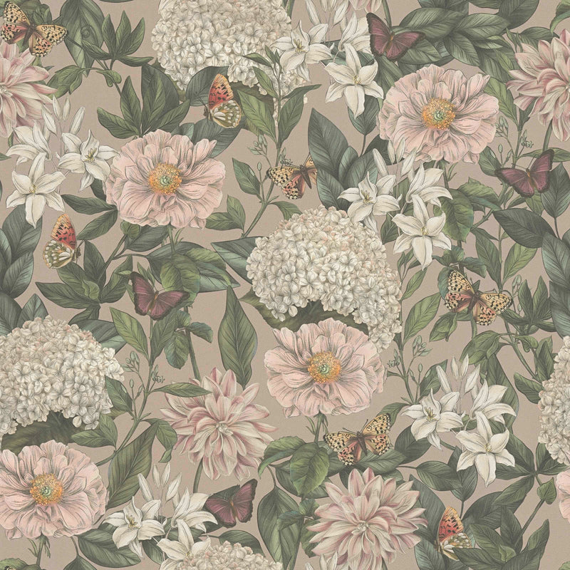 Wallpaper with flowers and butterflies, matt: light green, pink, 1402026 AS Creation