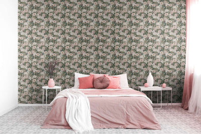 Wallpaper with flowers and butterflies, matt: light green, pink, 1402026 AS Creation