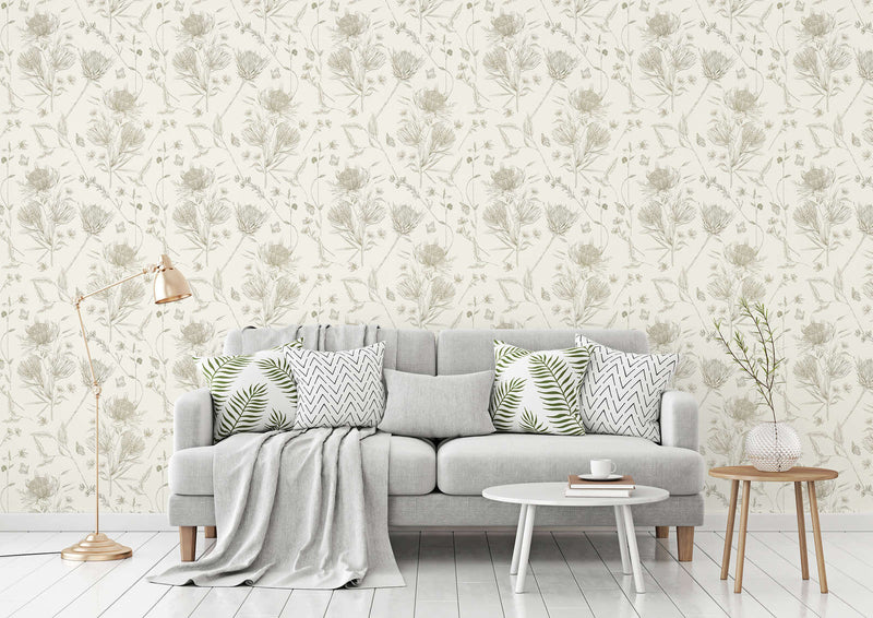 Wallpaper with flowers and butterflies, matt: cream, green, 1402041 AS Creation