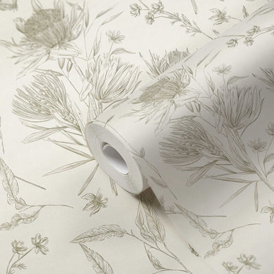 Wallpaper with flowers and butterflies, matt: cream, green, 1402041 AS Creation