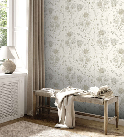 Wallpaper with flowers and butterflies, matt: cream, green, 1402041 AS Creation