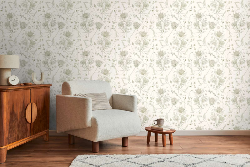 Wallpaper with flowers and butterflies, matt: cream, green, 1402041 AS Creation