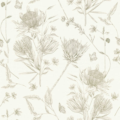 Wallpaper with flowers and butterflies, matt: cream, green, 1402041 AS Creation